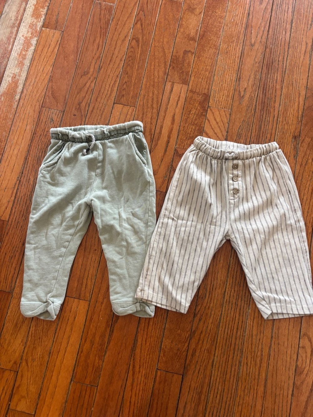 Zara Kids Sage Green Knit Jogger & Cream Stripe Pull-On Pants Set